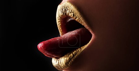 Foto de Tongue out. Luxury glamour art mouth. Sexy tongue. Beauty mouth - Imagen libre de derechos