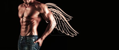 Foto de Photo banner of sexy man angel with wings for valentines day. Guy with a naked torso - Imagen libre de derechos