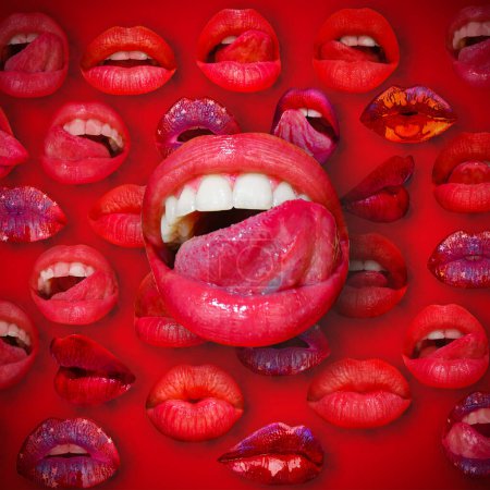 Foto de Lips and mouth. Female lip in red background. Woman lips. Sexy tongue licking sensual lips - Imagen libre de derechos