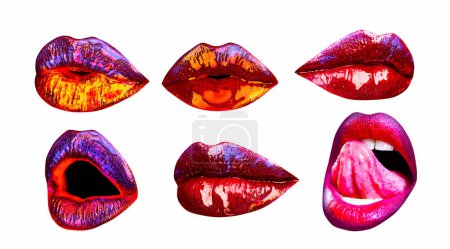 Foto de Conjunto de labios femeninos sobre fondo blanco aislado, camino de recorte. Colección de boca con labio rojo. Diseño de obras de arte con labios sensuales. Abstracto labio sexy en blanco - Imagen libre de derechos