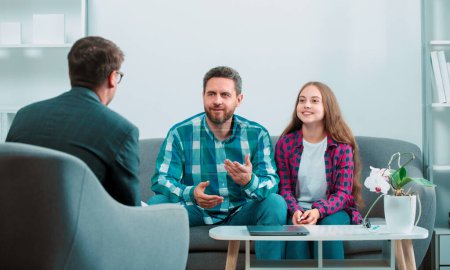Photo for Parenting conflicts, kids crisis. Psychology, mental family therapy, psychologist with father and daughter at psychotherapy session on psychological consultation - Royalty Free Image
