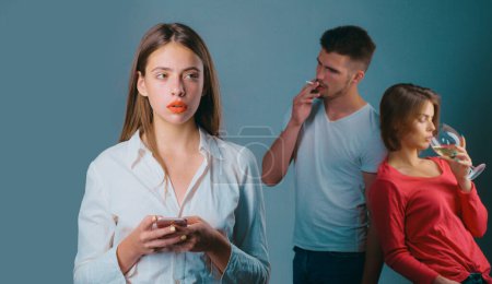 Photo for Make a right choice. Beautiful girl thinking about different addictions. Harmful and toxic habits: smoking, drinking and using drugs. Girl decided to be healthy and happy. Choice life - Royalty Free Image