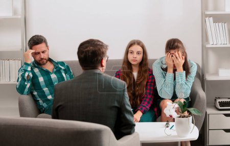Photo for Psychology, mental family therapy, psychologist with family at psychotherapy session on psychological consultation. Parental rights - Royalty Free Image