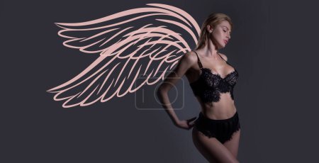 Foto de Sexy model angel with wings. Valentines day banner. Woman with beauty face, facial portrait. Beautiful tender sensual young girl. Fashion model isolated in studio - Imagen libre de derechos