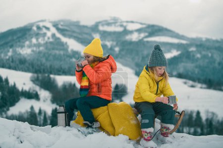 Foto de Los viajeros de invierno disfrutan del tiempo de café con vistas panorámicas del fondo nevado de la montaña. Niños en nieve beben té - Imagen libre de derechos