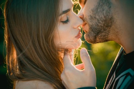 Photo for Kiss. Young couple kissing each other. Sensual couple kiss. Romantic and love. Intimate relationship and sexual relations. Closeup mouths kissing. Passion and sensual touch - Royalty Free Image