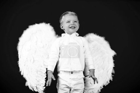 Photo for Angel cupid child boy with a white wings isolated on red - Royalty Free Image