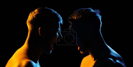 Photo for Silhouette of man face in strength. Rivalry, shout screaming men, forces - Royalty Free Image