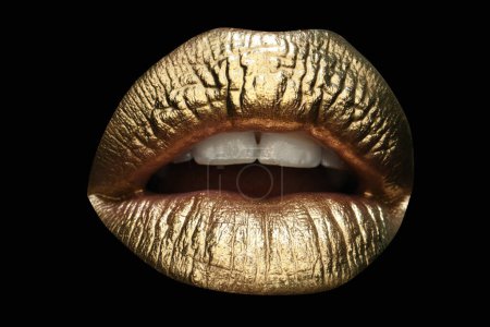 Photo for Sensual forms of woman lips. Luxury gold lips make-up. Golden lips with golden lipstick. Gold paint on lips of sexy girl. Sensual woman mouth, isolated background - Royalty Free Image