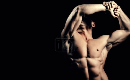 Foto de Hombre musculoso sexy. Plantillas de pancartas con hombre musculoso, torso muscular, seis abdominales. Cuerpo muscular del hombre fuerte - Imagen libre de derechos