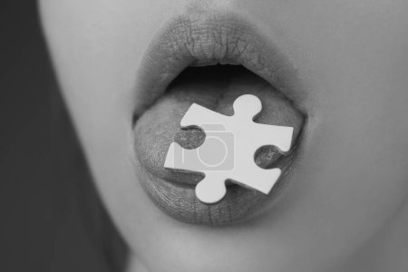 Photo for Puzzle pieces. Addiction Solution. life problems. Drug addiction. Female mouth with puzzle piece - Royalty Free Image
