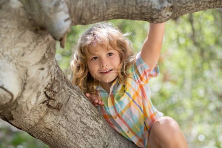 Photo for Cute little kid boy enjoying climbing on tree on summer day. Cute child learning to climb, having fun in forest or park on sunny day. Happy time and childhood in nature - Royalty Free Image