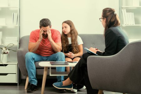 Photo for Social worker counseling parental. Psychologist with father and daughter, psychotherapist listen mental health of dad and child teen, psychological parents problem - Royalty Free Image