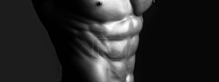 Foto de Plantillas de banner con hombre muscular, torso muscular, seis abdominales paquete muscular - Imagen libre de derechos