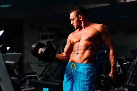 Téléchargez les photos : Fit strong man doing biceps in gym. Portrait of young athlete doing exercise with dumbbell at the gym. Crossfit, sport and healthy lifestyle concept - en image libre de droit