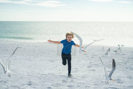 Photo for Happy childhood. Little kid boy having fun on Miami beach. Happy cute child running near ocean hunting seagull birds on warm summer day - Royalty Free Image
