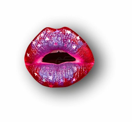 Photo for Open sexy mouth. Lips on white isolated background, clipping path. Mouth with red lip, close up - Royalty Free Image