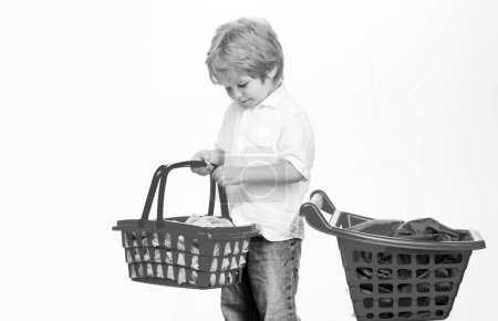 Photo for Kid hold plastic shopping basket toy. Buy with discount. Family shopping. Buy products. Play shop. Cute buyer customer client hold shopping cart. Kids store. Boy child shopping. Big purchase. - Royalty Free Image