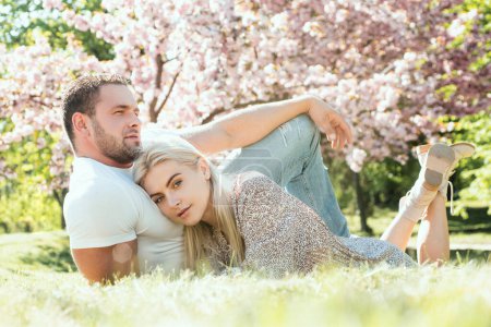 Couple relaxing on grass in blossom park. Valentines day concept. Spring couple. Outdoor portrait of young lovers couple near sakura