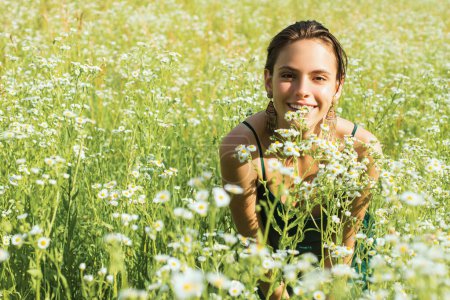 Photo for Spring girl outdoor in summer field. Healthy breathing concept, Unity with nature - Royalty Free Image