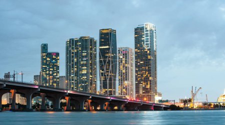 Photo for Florida Miami night city skyline. USA downtown skyscrappers landscape, twighlight town - Royalty Free Image