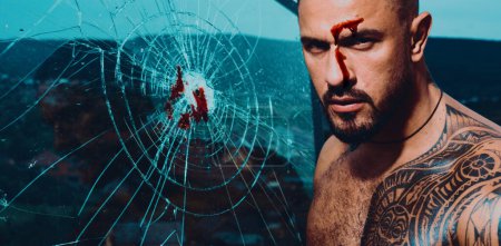 Photo for Portrait of brutal man with serious bloody face. Gang guy. Spooky criminal person - Royalty Free Image
