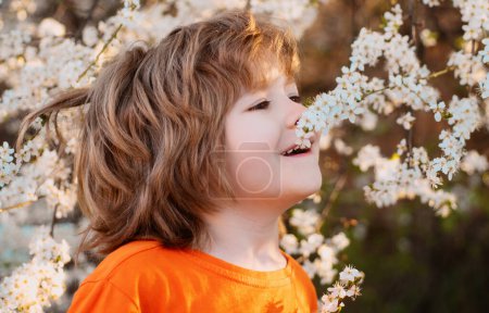 Photo for Child in blooming tree in spring park. Smiling boy outdoor. Blossom garden - Royalty Free Image