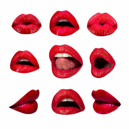 Foto de Set of female lips on white isolated background, clipping path. Collection of mouth with red lip - Imagen libre de derechos