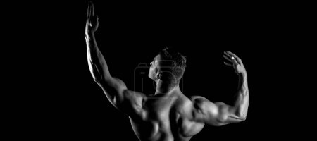 Photo for Bodybuilder man with muscular torso back and hands. Banner templates with muscular man, muscular torso, back muscle - Royalty Free Image