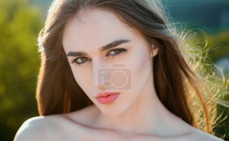 Photo for Spring natural beauty. Bare shoulders woman. Summertime girl outdoor. Closeup teen face - Royalty Free Image