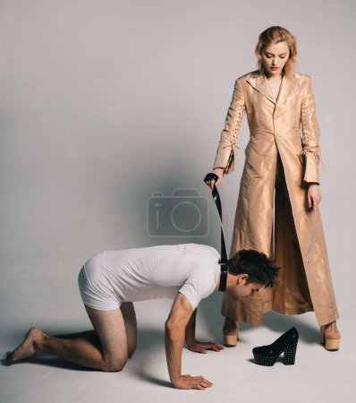Photo for Who is boss here. Woman and man playing domination games. Love relations and dominating. Concept of sexual domination or bondage. Dominant woman. Submissive guy. Dominating foreplay sexual game. - Royalty Free Image