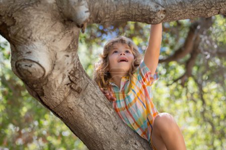 Téléchargez les photos : Child climbing a tree. Happy young boy play in summer garden. Kid on a tree with big branch - en image libre de droit