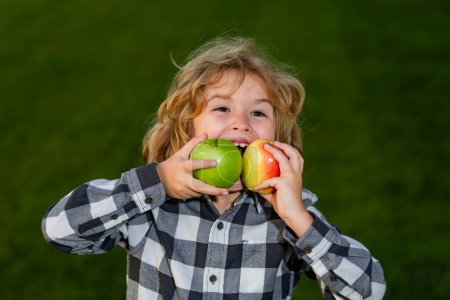 Photo for Fresh apple for kids. Kid enjoy picking apple. Child bitten apple outdoor on summer green grass background - Royalty Free Image