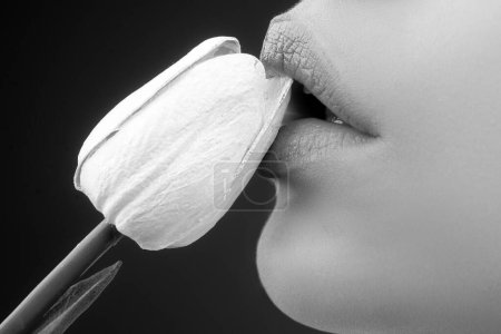Téléchargez les photos : Lèvres de fille avec des tulipes. sexe oral, lécher la fleur. pipe et baiser. sensuelle sexy bouche féminine et fleurs de printemps - en image libre de droit