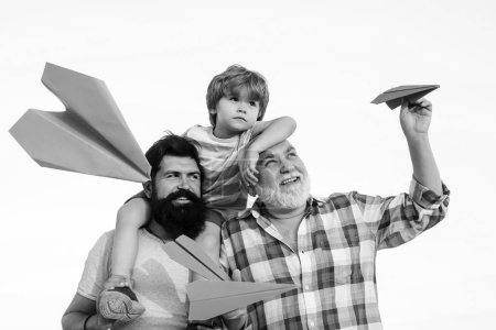 Photo for Generation of people and stages of growing up. Excited teach. Enjoy family together. Grandfather with son and grandson having fun in park. Happy man family have fun together - Royalty Free Image