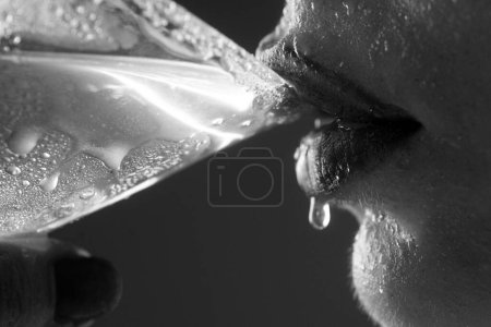 Photo for Closeup woman drinking cocktail. Alcohol party. Classic Dry Martini - Royalty Free Image