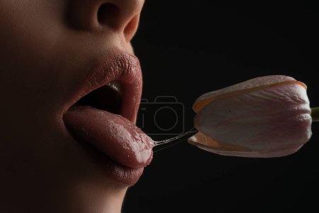 Téléchargez les photos : Sexe oral, orgasme, pipe, lécher la fleur. lèvres de fille avec des tulipes. sensuelle sexy bouche féminine et fleurs de printemps - en image libre de droit