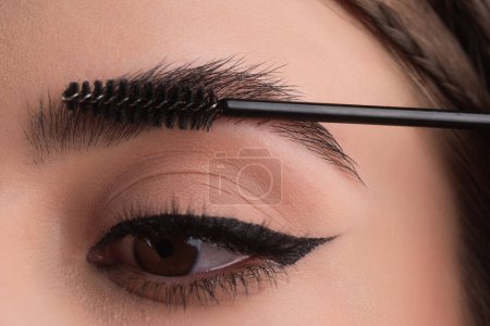 Foto de Closeup eyebrows with eyebrow brush. Close up brows, eyebrows lamination. Brow procedures. Long eyelashes, eyebrows, macro - Imagen libre de derechos