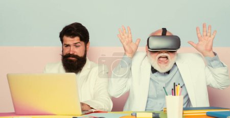 Photo for Business vr teamwork. Business office coworkers. Team with laptop and virtual reality. Business people senior old young. Businessman working together - Royalty Free Image