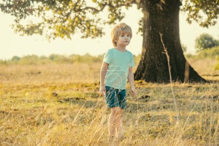 Téléchargez les photos : Enfant drôle garçon 5 ans sur prairie en été dans la nature. Joyeux garçon sur le terrain. Un gamin qui s'amuse à la campagne - en image libre de droit