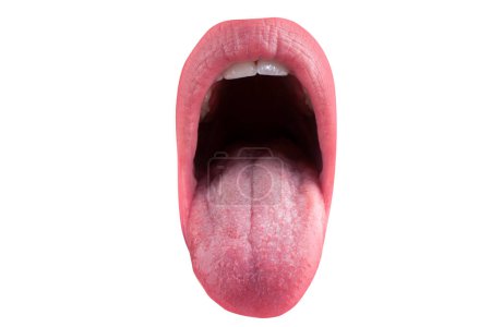 Zunge und sexy weibliche Lippen. Zunge raus auf weißem Hintergrund. Glamour Art Lippen Konzept. Mündungssymbol