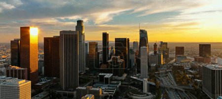 Photo for Los angeles aerial view with drone. Los Angeles downtown. California theme with LA background. Los Angels city center - Royalty Free Image