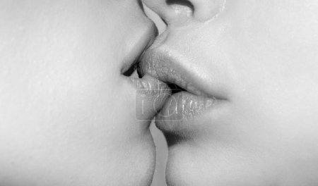 Photo for Tongue lesbian girl mouth, sexy woman concept. French Kiss. Two women oral sex. Sensual kiss in same-sex couple close up. Taste and body love for women, sex between girls, homosexual family. - Royalty Free Image