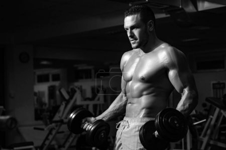 Photo for Bodybuilder in gym with dumbbells. Biceps exercises. Training and workouts. Sportsman with shirtless torso. Sporty workout. Athletic body - Royalty Free Image
