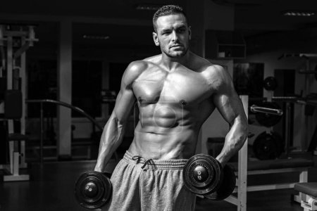 Photo for Bodybuilder training in gym with dumbbells. Sportsman with naked torso. Sporty workout. Athletic body - Royalty Free Image