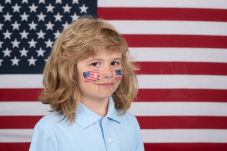 Photo for Child celebration independence day 4th of july. United States of America concept. Sign of american flag on child cheek. Fourth of july and children concept - Royalty Free Image