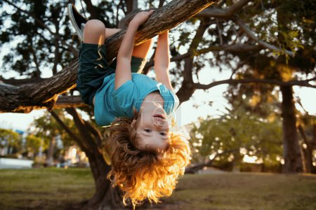 Téléchargez les photos : Petit enfant drôle profitant de l'été dans un jardin. Mignon enfant grimpant à l'arbre. Enfants jouant en plein air - en image libre de droit