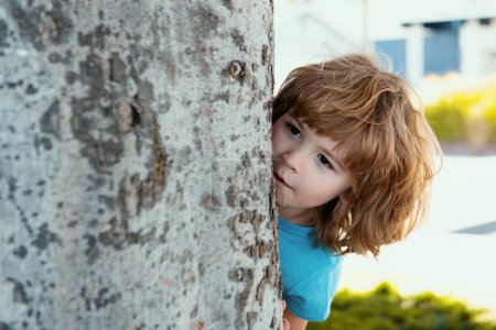 Photo for Children playing hide and seek. Peekaboo. Little kid hiding by tree - Royalty Free Image