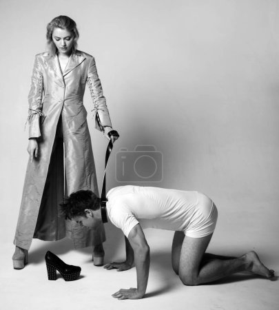 Photo for Who is boss here. Woman and man playing domination games. Love relations and dominating. Concept of sexual domination or bondage. Dominant woman. Submissive guy. Dominating foreplay sexual game. - Royalty Free Image