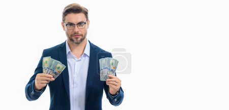 Photo for Man holding cash money in dollar banknotes on isolated white banner. Studio portrait of businessman with bunch of dollar banknotes. Dollar money concept. Career wealth business. Cash dollar banner - Royalty Free Image